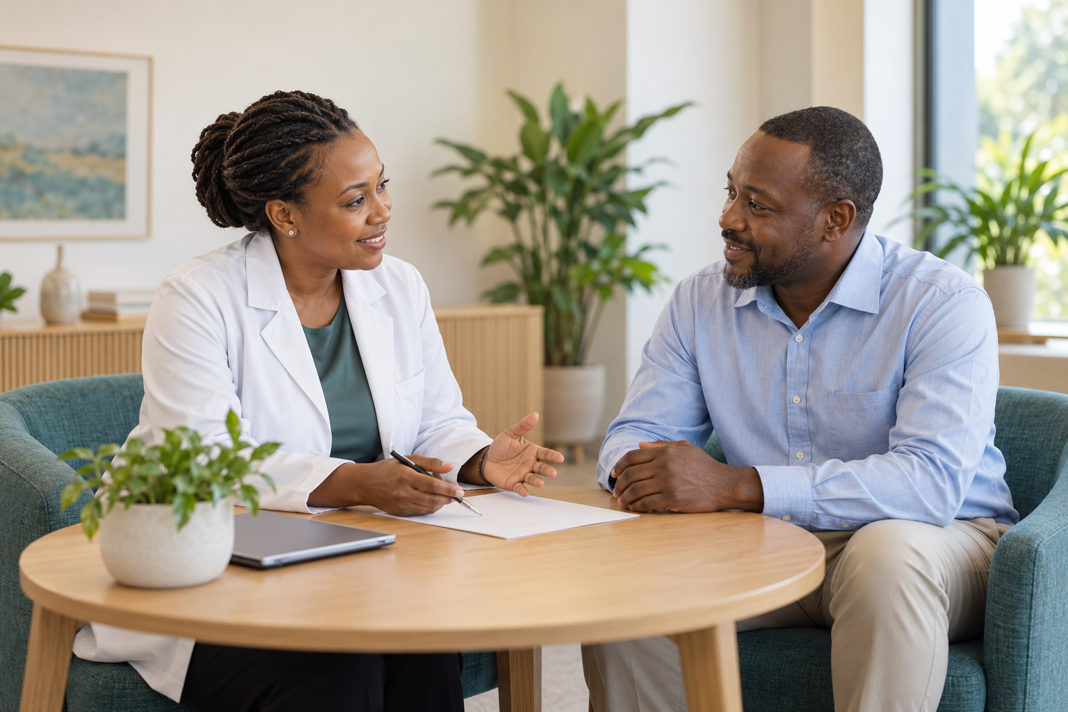 Illustrative scene of an attentive clinician and adult visitor discussing care, both faces visible
