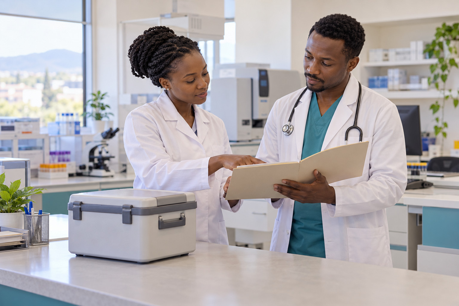 Illustrative laboratory and clinical staff reviewing handover records