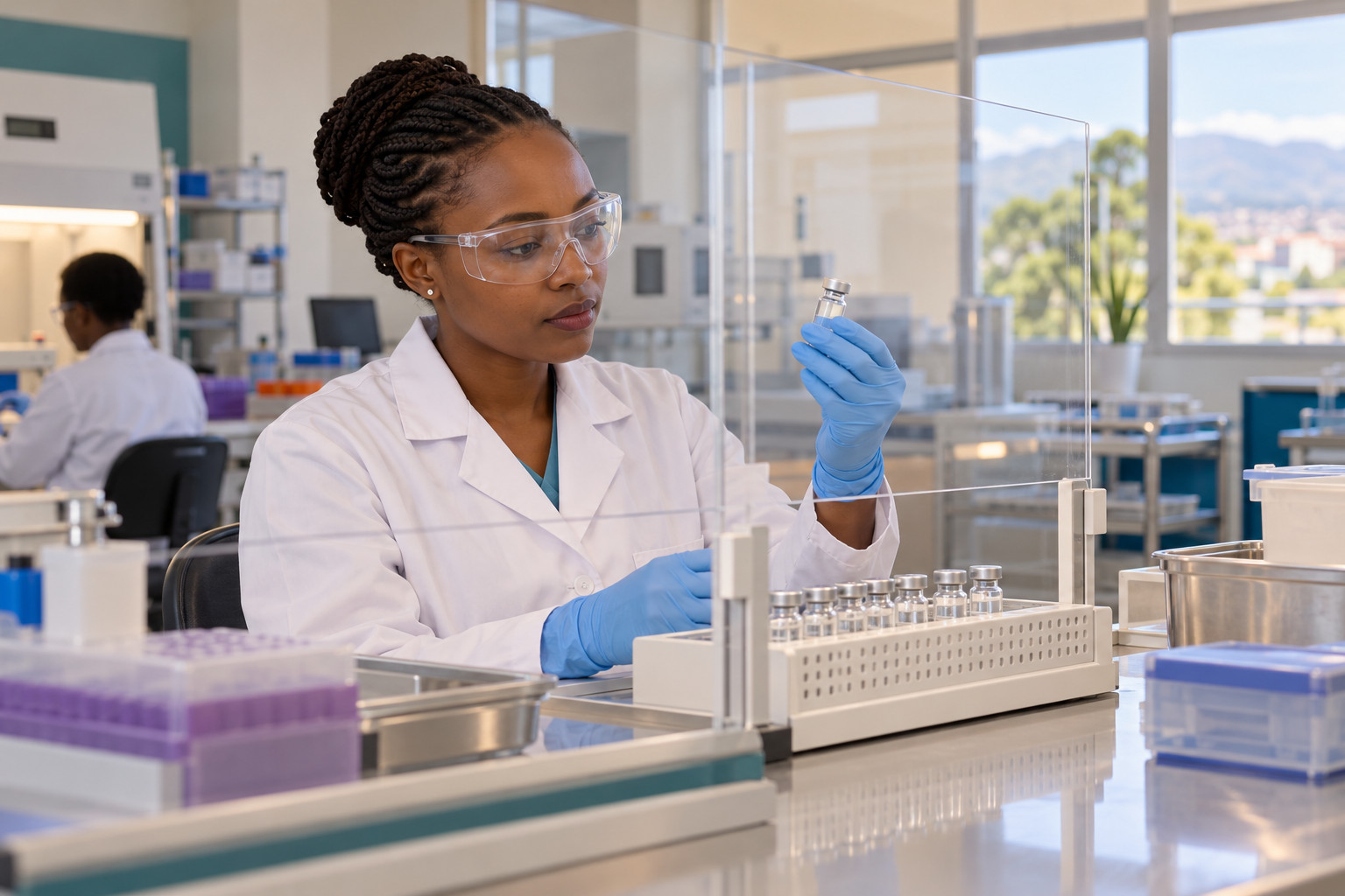 Illustrative trained laboratory technician reviewing a sealed product vial