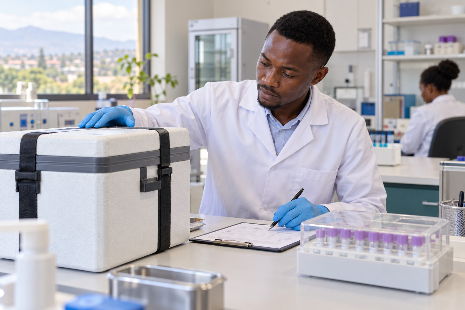Illustrative laboratory technician reviewing a received product shipment