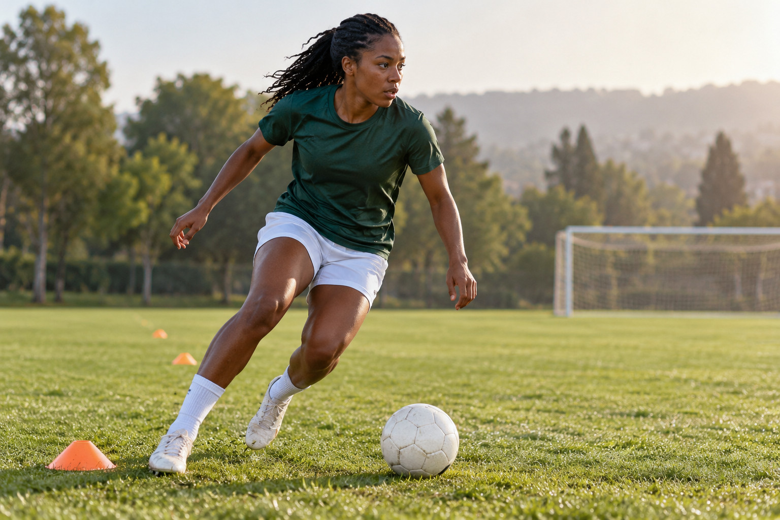 Fictional football athlete in green and white training clothing